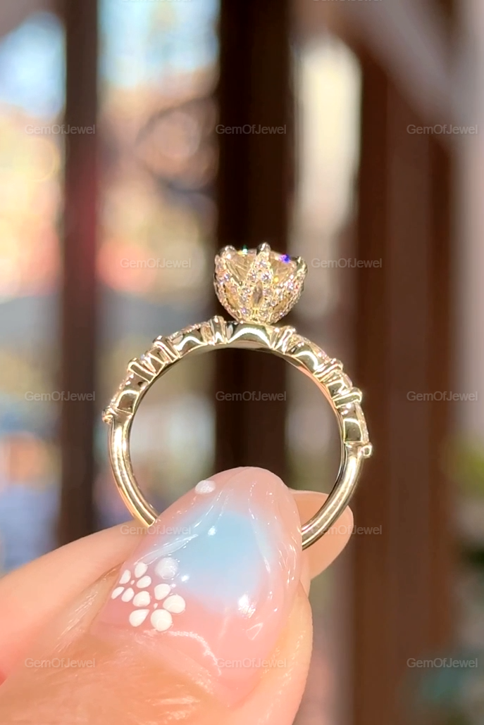 1CT Round Diamond Moissanite Engagement Ring, Lotus Prong With Side Stone Marquise And Round Diamond Bubble Band, Petal Prong Diamond Ring