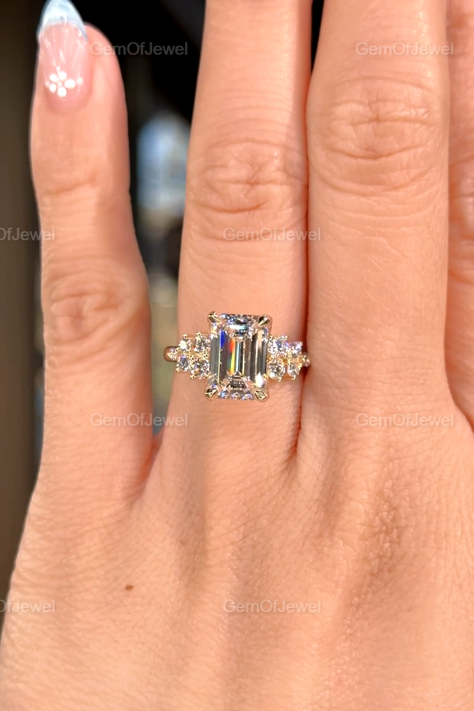 3CT Emerald Diamond Moissanite Ring With Side Round Moissanite Diamond, 3CT Diamond Ring For Her, Cluster Setting Ring, 3CT Emerald Ring