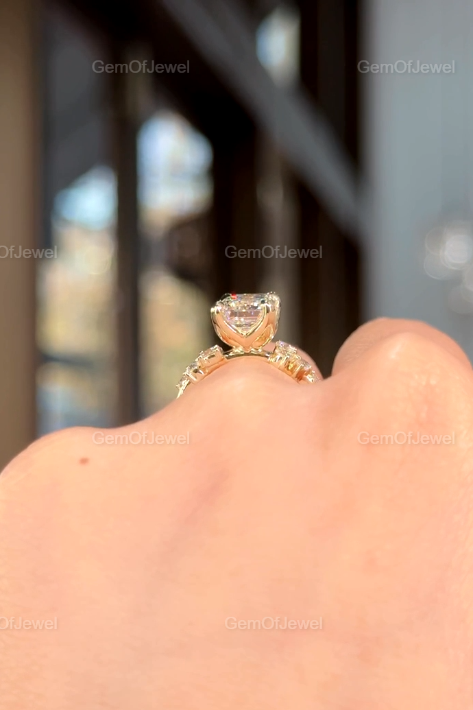 3CT Emerald Diamond Moissanite Ring With Side Round Moissanite Diamond, 3CT Diamond Ring For Her, Cluster Setting Ring, 3CT Emerald Ring