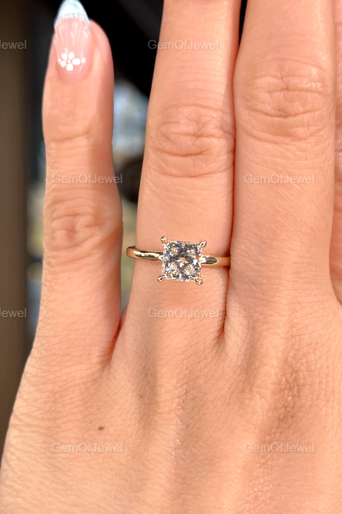 Princess Cut Moissanite Engagement Ring, Solitaire Square Wedding Ring Yellow Gold Unique Bridal Jewelry, 1CT Princess Cut Diamond Ring