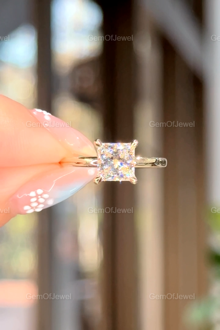Princess Cut Moissanite Engagement Ring, Solitaire Square Wedding Ring Yellow Gold Unique Bridal Jewelry, 1CT Princess Cut Diamond Ring