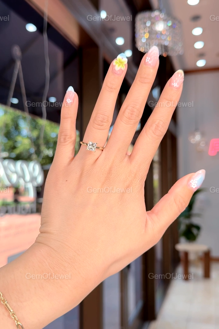 Princess Cut Moissanite Engagement Ring, Solitaire Square Wedding Ring Yellow Gold Unique Bridal Jewelry, 1CT Princess Cut Diamond Ring
