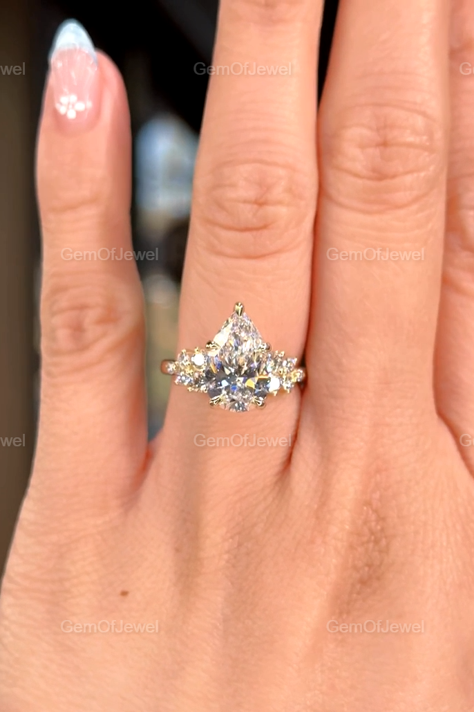 3CT Pear Diamond Moissanite Ring With Side Round Moissanite Diamond, 3CT Diamond Ring For Her, Cluster Setting Ring, 3CT Pear Diamond Ring