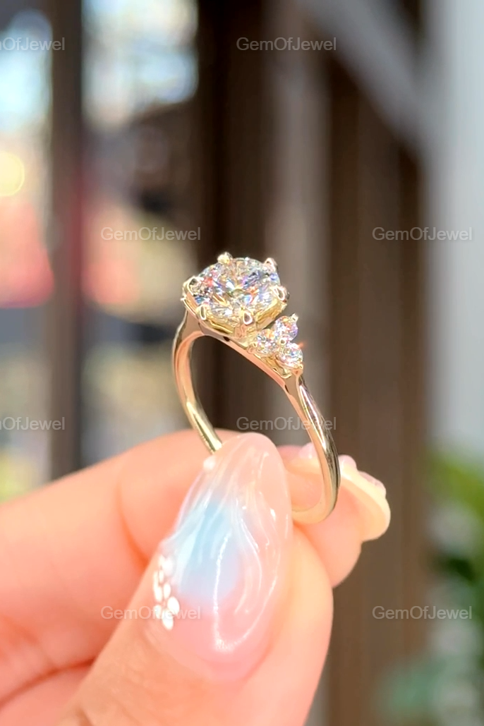 1.2CT Round Moissanite Ring With Side Round Diamonds, Cluster Setting Engagement Ring, Round Moissanite Diamond Gold Ring Gift For Her
