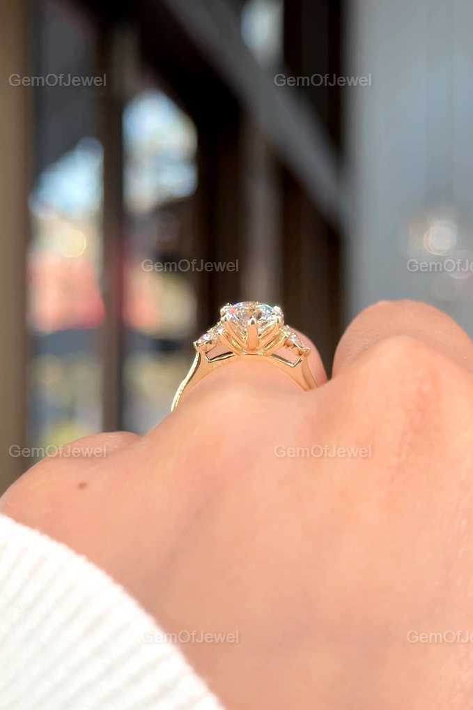 1.2CT Round Moissanite Ring With Side Round Diamonds, Cluster Setting Engagement Ring, Round Moissanite Diamond Gold Ring Gift For Her