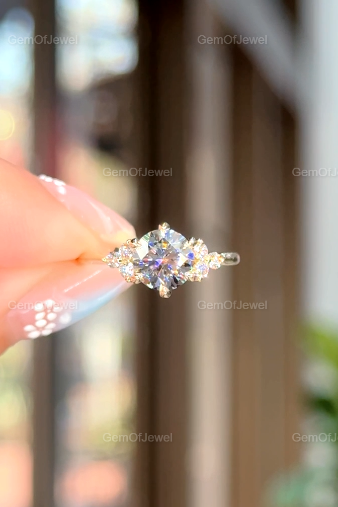 1.2CT Round Moissanite Ring With Side Round Diamonds, Cluster Setting Engagement Ring, Round Moissanite Diamond Gold Ring Gift For Her