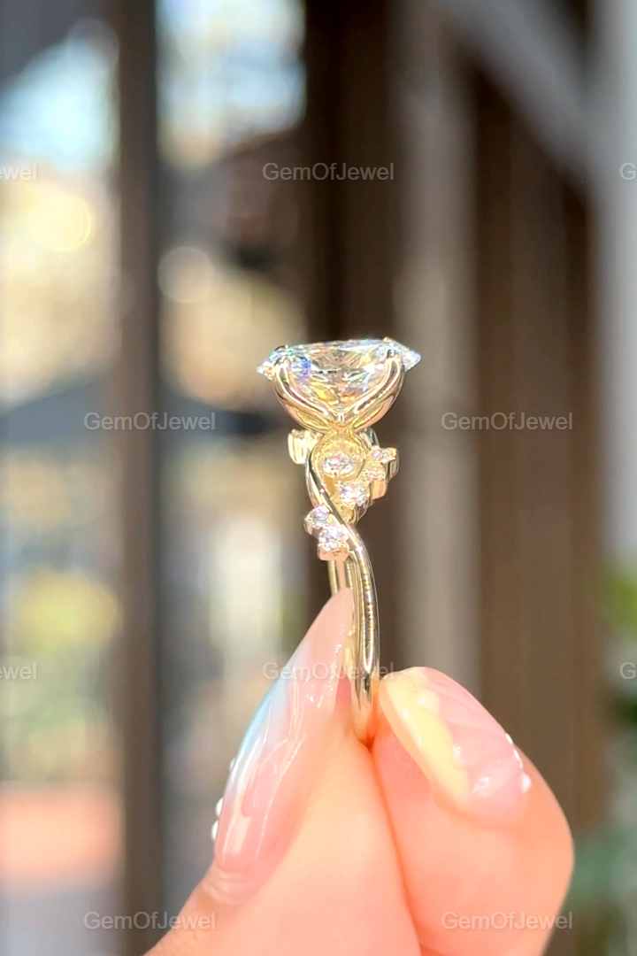 2CT Oval Cut Moissanite Solitaire Petal Prong Ring in 14k Gold, Twisted & Split Shank Tulip Prong Design, Lotus Petal Engagement Ring