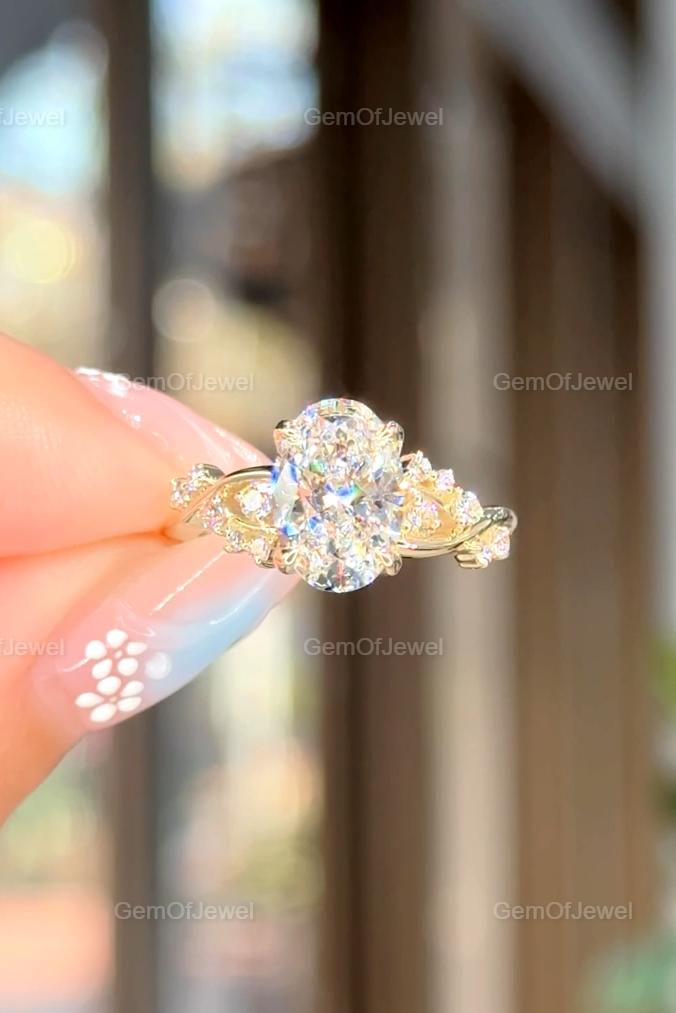 2CT Oval Cut Moissanite Solitaire Petal Prong Ring in 14k Gold, Twisted & Split Shank Tulip Prong Design, Lotus Petal Engagement Ring