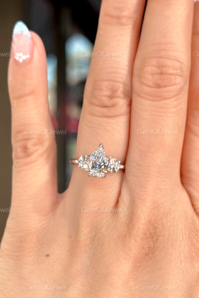 1.5 ct Pear Cut Diamond Ring, Pear Cut Moissanite Ring, 14K Solid Gold Engagement Ring With Round Side Diamond Solitaire Ring, Cluster Ring