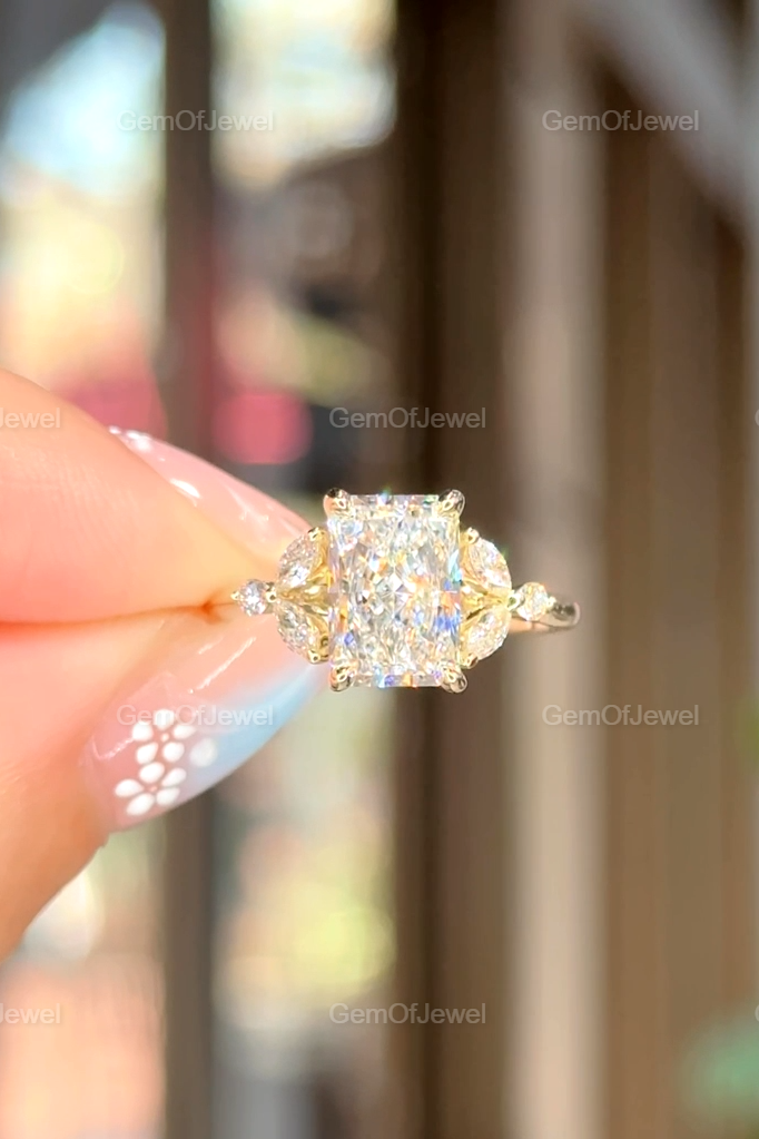 Radiant Cut Moissanite Ring, 2.5CT Radiant Cut Colorless Moissanite Engagement Ring, Marquise With Round Moissanite Diamond Anniversary Ring