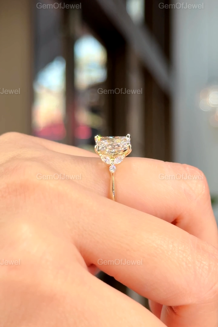Radiant Cut Moissanite Ring, 2.5CT Radiant Cut Colorless Moissanite Engagement Ring, Marquise With Round Moissanite Diamond Anniversary Ring