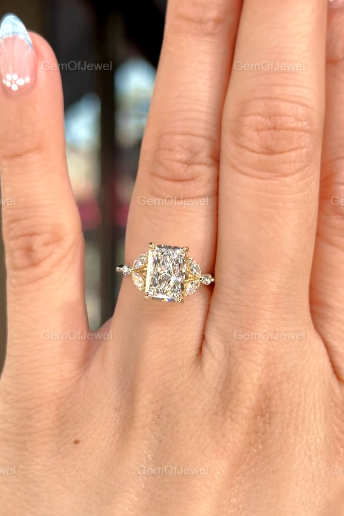 Radiant Cut Moissanite Ring, 2.5CT Radiant Cut Colorless Moissanite Engagement Ring, Marquise With Round Moissanite Diamond Anniversary Ring