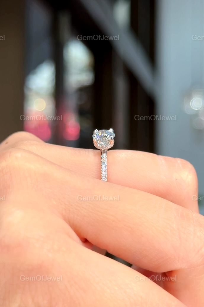 1CT Round Moissanite Diamond Ring, Round Moissanite Engagement Ring With Hidden Halo And Pave Half Eternity Band, Round Cut Diamond Ring