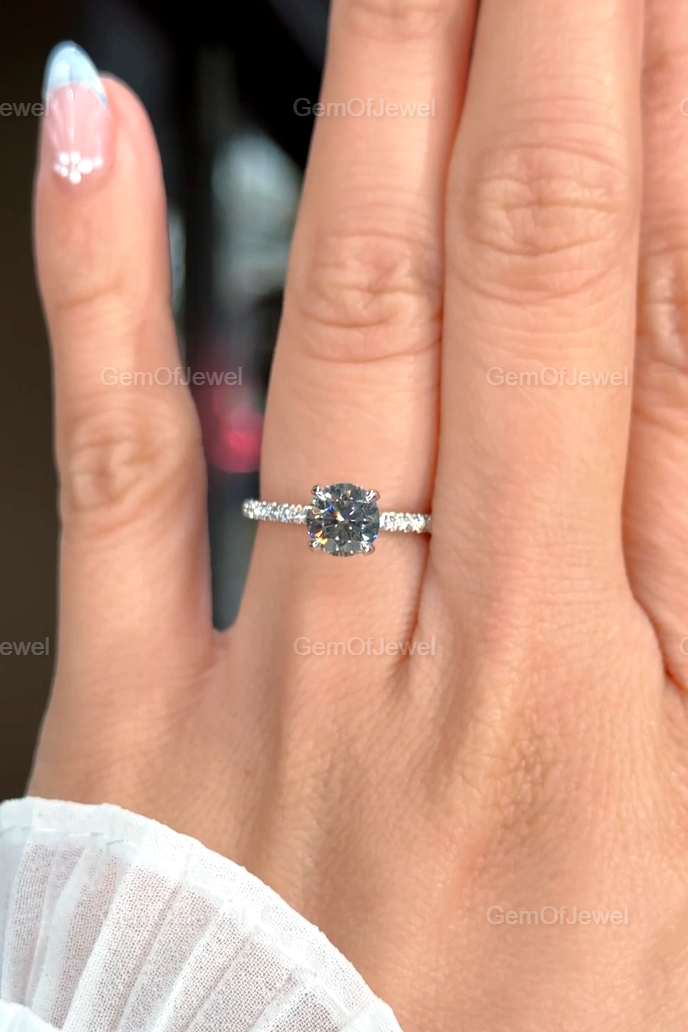 1CT Round Moissanite Diamond Ring, Round Moissanite Engagement Ring With Hidden Halo And Pave Half Eternity Band, Round Cut Diamond Ring
