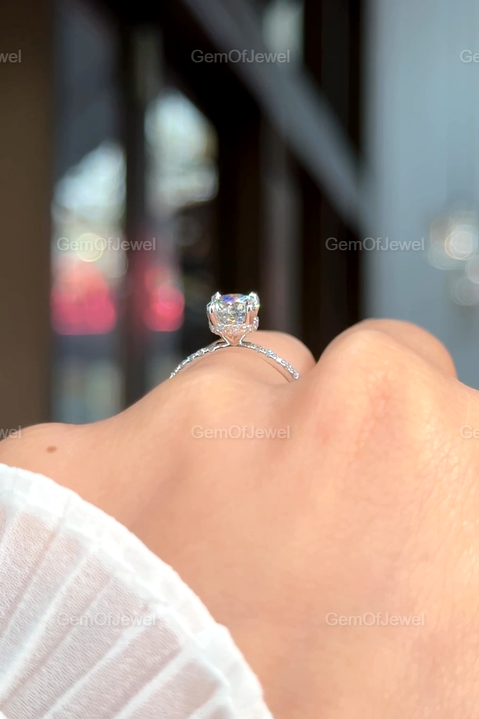 1CT Round Moissanite Diamond Ring, Round Moissanite Engagement Ring With Hidden Halo And Pave Half Eternity Band, Round Cut Diamond Ring