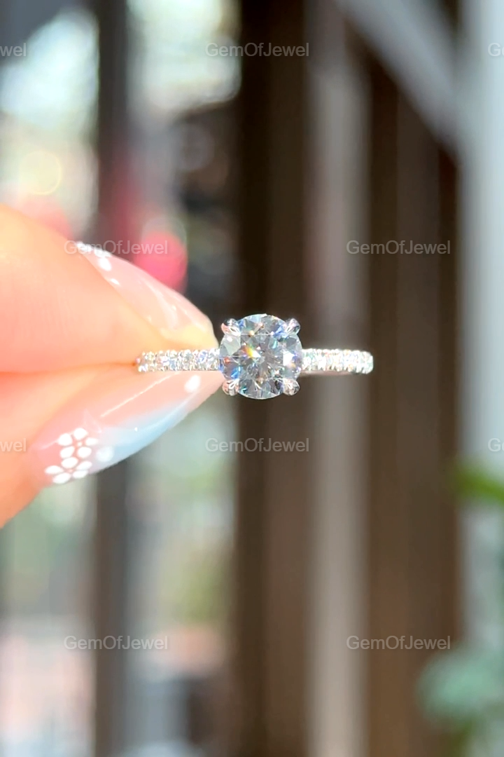 1CT Round Moissanite Diamond Ring, Round Moissanite Engagement Ring With Hidden Halo And Pave Half Eternity Band, Round Cut Diamond Ring