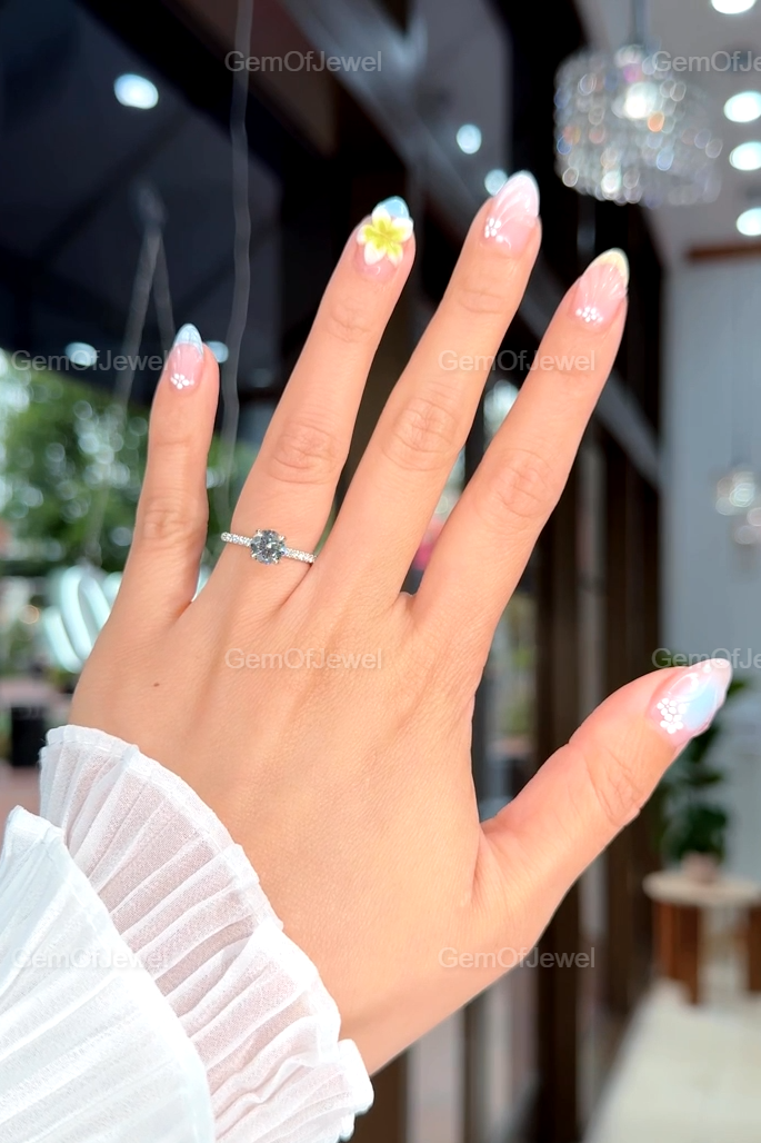1CT Round Moissanite Diamond Ring, Round Moissanite Engagement Ring With Hidden Halo And Pave Half Eternity Band, Round Cut Diamond Ring