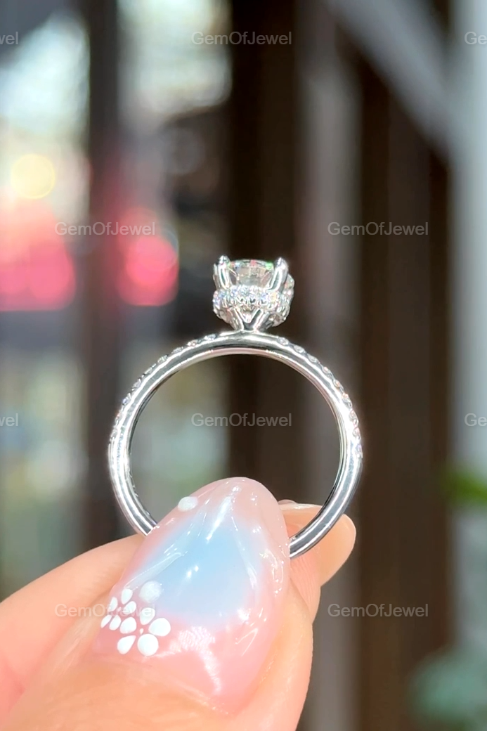 1CT Round Moissanite Diamond Ring, Round Moissanite Engagement Ring With Hidden Halo And Pave Half Eternity Band, Round Cut Diamond Ring