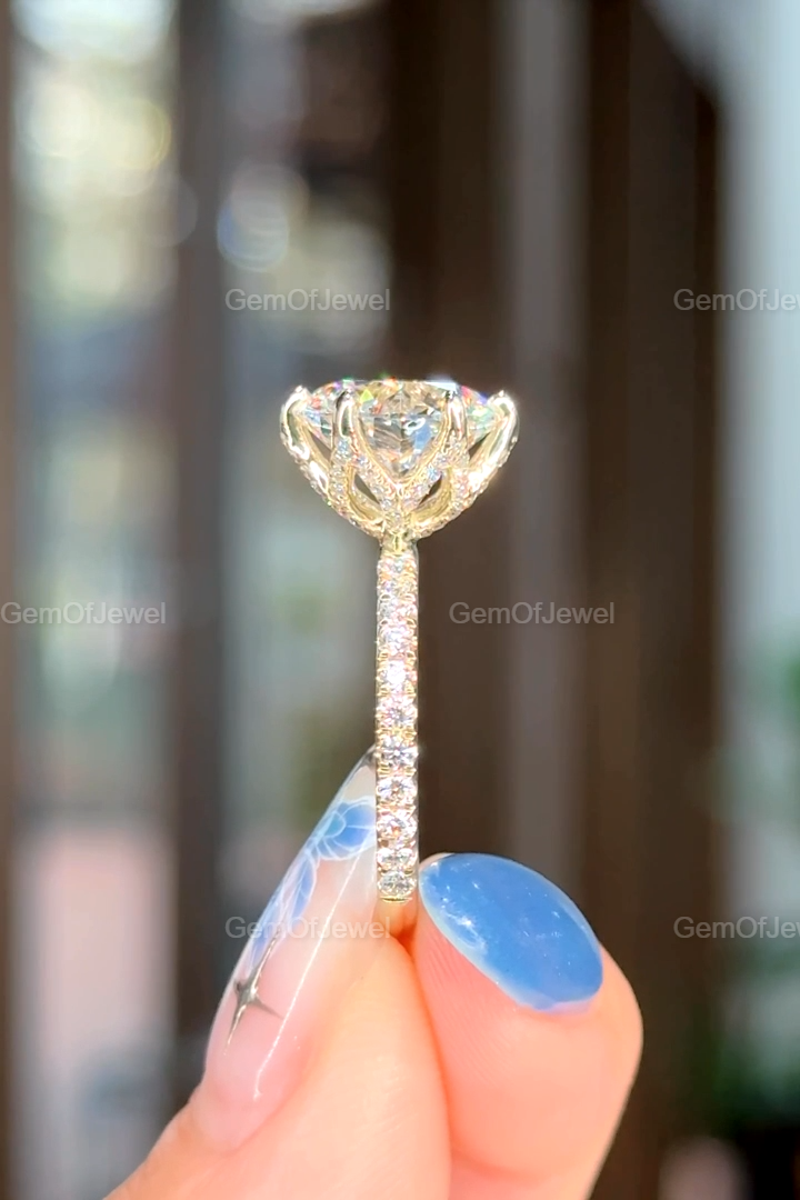 Round Moissanite Tulip Lotus Prong Engagement Ring, Flower Basket Diamond Ring, Petal Prong Ring, 4CT Round Diamond Moissanite Ring For Her