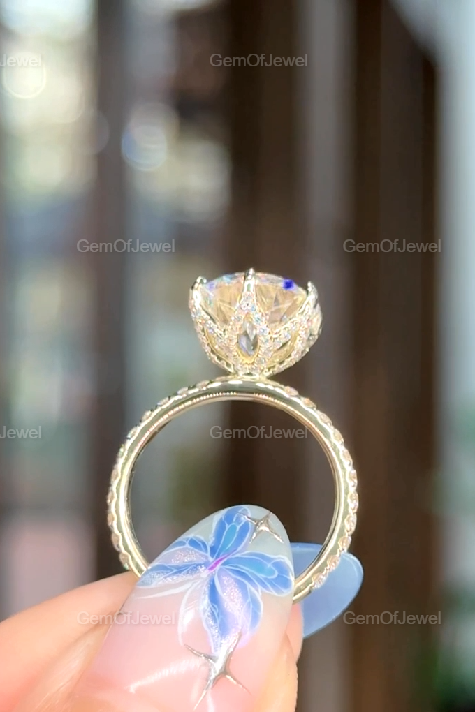 Round Moissanite Tulip Lotus Prong Engagement Ring, Flower Basket Diamond Ring, Petal Prong Ring, 4CT Round Diamond Moissanite Ring For Her