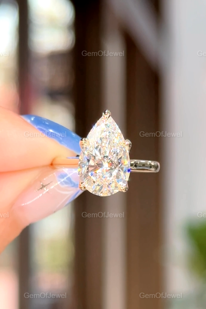 3CT Pear Shape Moissanite Engagement Ring, Lotus Prong With Diamonds On Bridge, 14K Yellow Gold Unique Bridal Jewelry, 3CT Pear Diamond Ring