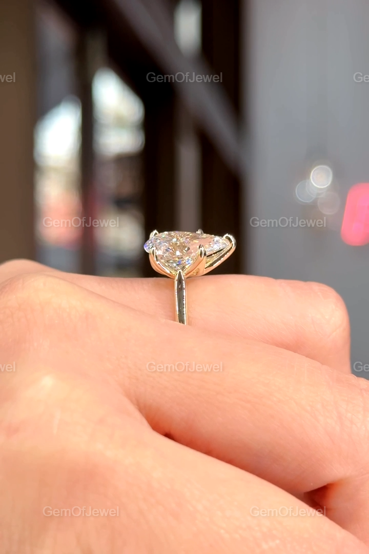 3CT Pear Shape Moissanite Engagement Ring, Lotus Prong With Diamonds On Bridge, 14K Yellow Gold Unique Bridal Jewelry, 3CT Pear Diamond Ring
