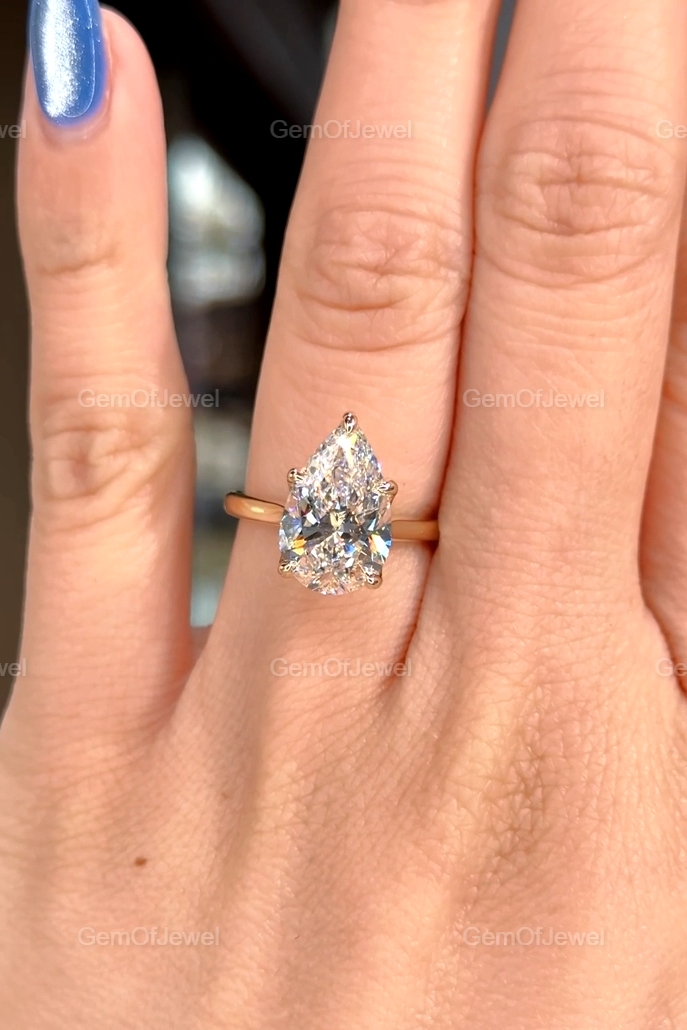 3CT Pear Shape Moissanite Engagement Ring, Lotus Prong With Diamonds On Bridge, 14K Yellow Gold Unique Bridal Jewelry, 3CT Pear Diamond Ring