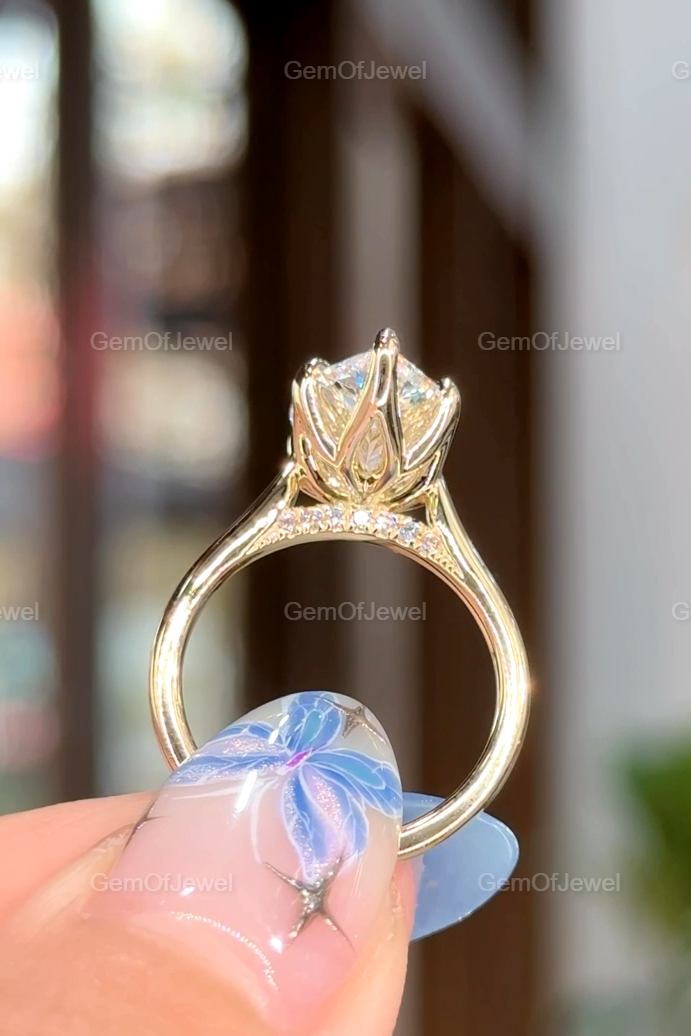 3CT Pear Shape Moissanite Engagement Ring, Lotus Prong With Diamonds On Bridge, 14K Yellow Gold Unique Bridal Jewelry, 3CT Pear Diamond Ring