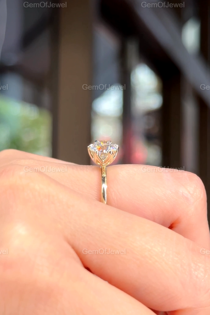 Round Moissanite With Diamond Engagement Ring, Lotus Prong 1.5CT With Solitaire Band, Six Petal Prong Bridal Ring, 1.50CT Round Cut Ring