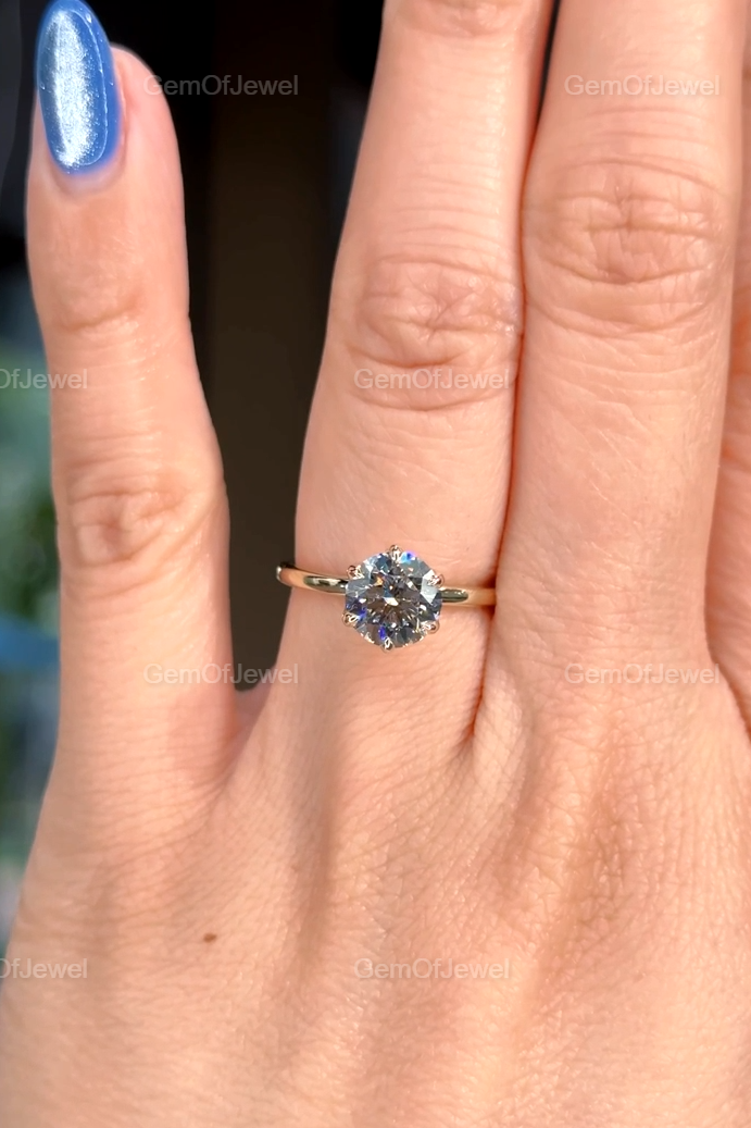 Round Moissanite With Diamond Engagement Ring, Lotus Prong 1.5CT With Solitaire Band, Six Petal Prong Bridal Ring, 1.50CT Round Cut Ring