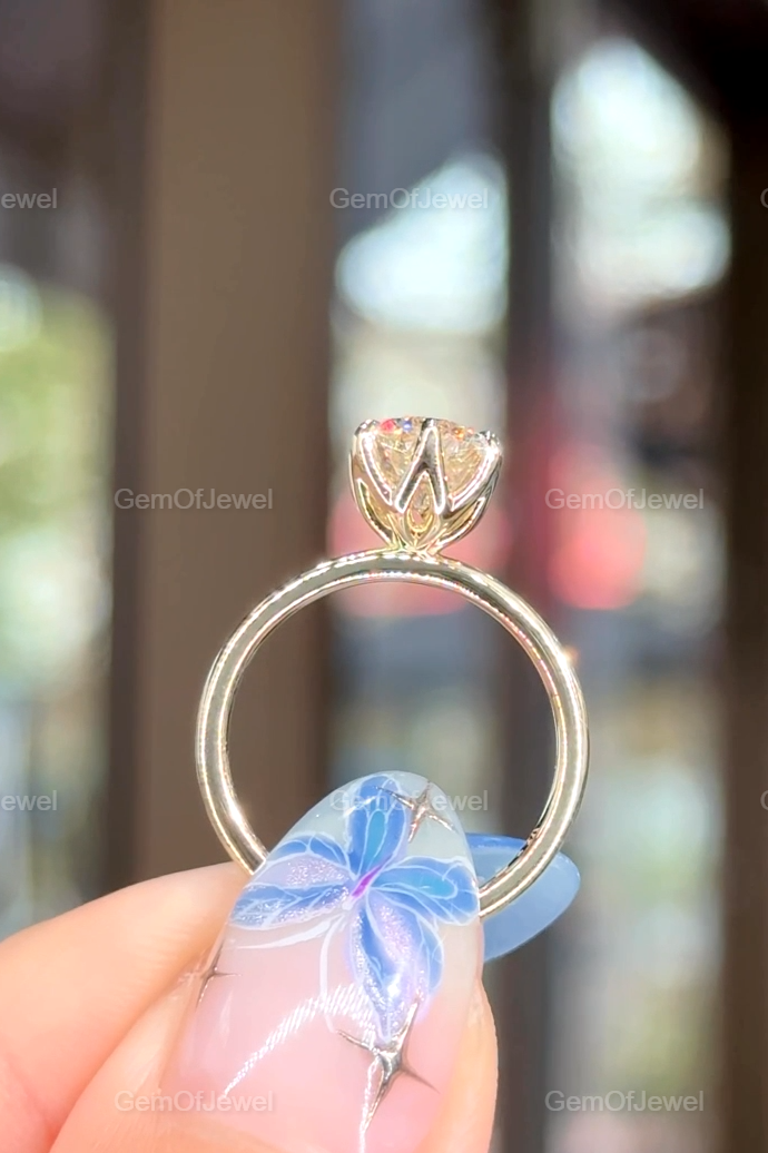 Round Moissanite With Diamond Engagement Ring, Lotus Prong 1.5CT With Solitaire Band, Six Petal Prong Bridal Ring, 1.50CT Round Cut Ring