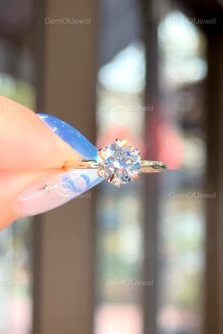 Round Moissanite With Diamond Engagement Ring, Lotus Prong 1.5CT With Solitaire Band, Six Petal Prong Bridal Ring, 1.50CT Round Cut Ring