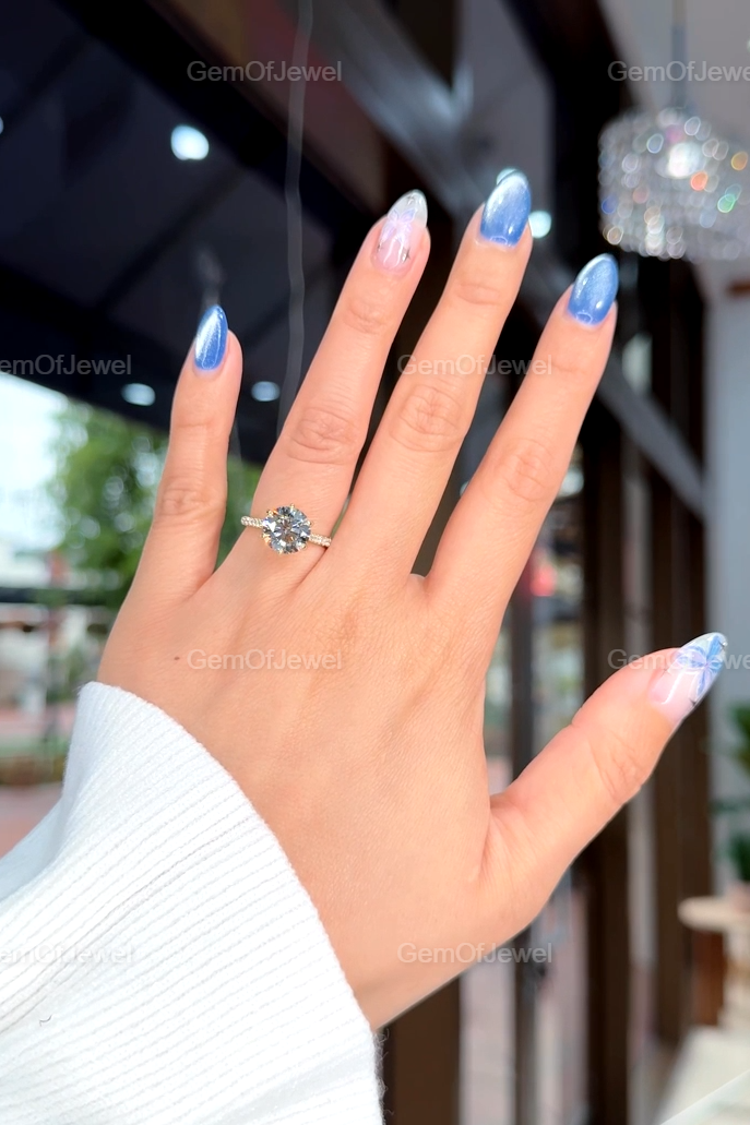 3CT Round Diamond Moissanite Engagement Ring, Petal Prong Of Moissanite Diamonds Ring, With Pave Eternity And Diamonds On The Bridge Ring