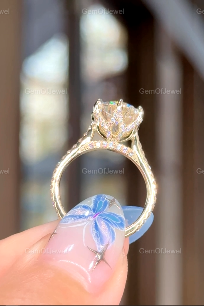 3CT Round Diamond Moissanite Engagement Ring, Petal Prong Of Moissanite Diamonds Ring, With Pave Eternity And Diamonds On The Bridge Ring