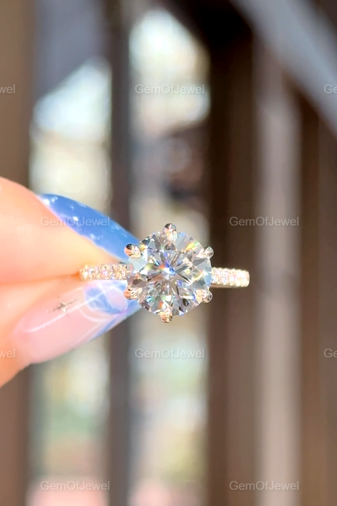 3CT Round Diamond Moissanite Engagement Ring, Petal Prong Of Moissanite Diamonds Ring, With Pave Eternity And Diamonds On The Bridge Ring
