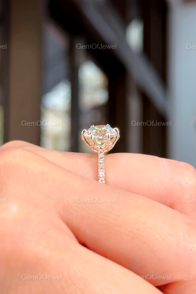 3CT Round Diamond Moissanite Engagement Ring, Petal Prong Of Moissanite Diamonds Ring, With Pave Eternity And Diamonds On The Bridge Ring