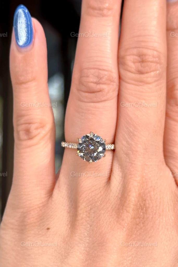 3CT Round Diamond Moissanite Engagement Ring, Petal Prong Of Moissanite Diamonds Ring, With Pave Eternity And Diamonds On The Bridge Ring