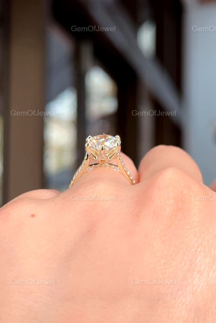 3CT Round Diamond Moissanite Engagement Ring, Petal Prong Of Moissanite Diamonds Ring, With Pave Eternity And Diamonds On The Bridge Ring