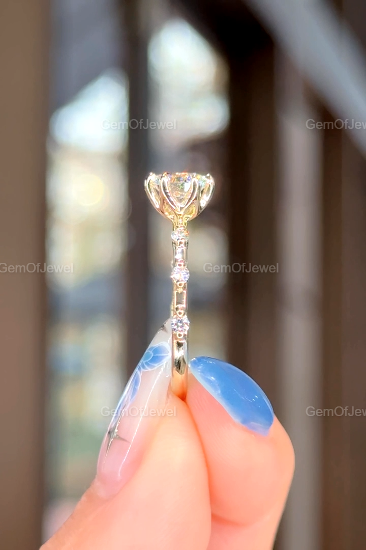 Round Diamond Moissanite Vintage Ring With Lotus Prong Of Round Moissanite Diamond And Bubble Design Band, Round Moissanite Vintage Ring
