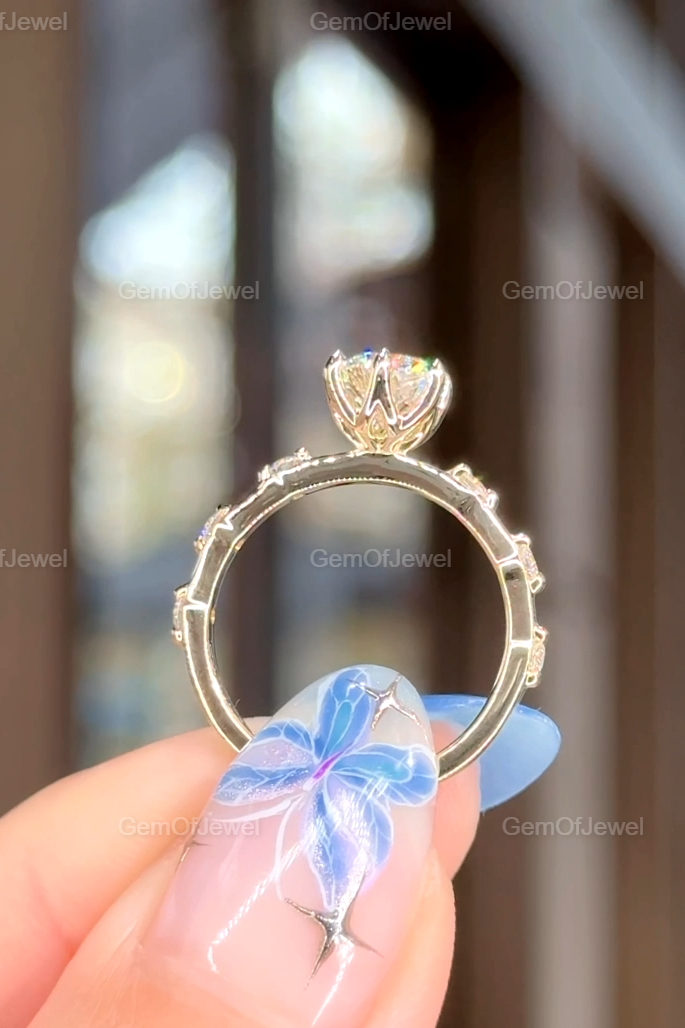 Round Diamond Moissanite Vintage Ring With Lotus Prong Of Round Moissanite Diamond And Bubble Design Band, Round Moissanite Vintage Ring