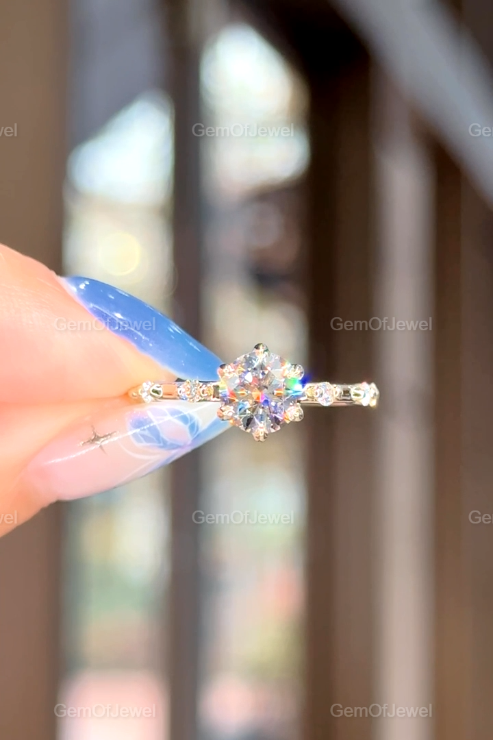 Round Diamond Moissanite Vintage Ring With Lotus Prong Of Round Moissanite Diamond And Bubble Design Band, Round Moissanite Vintage Ring