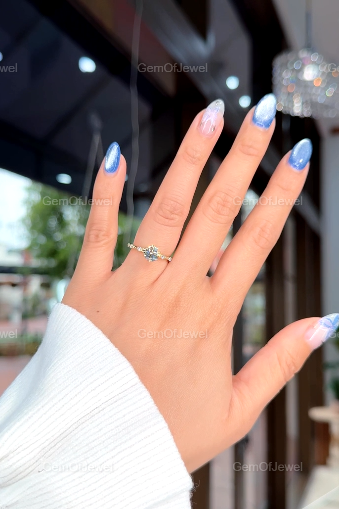 Round Diamond Moissanite Vintage Ring With Lotus Prong Of Round Moissanite Diamond And Bubble Design Band, Round Moissanite Vintage Ring