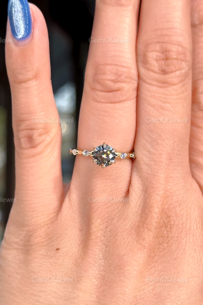 Round Diamond Moissanite Vintage Ring With Lotus Prong Of Round Moissanite Diamond And Bubble Design Band, Round Moissanite Vintage Ring