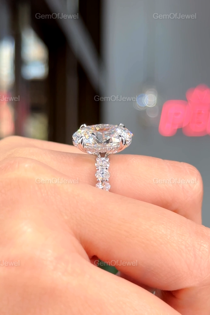 Oval Diamond Moissanite Vintage Ring With Oval Cut Pave Eternity Moissanite Diamond And Hidden Halo Ring, Oval Moissanite Vintage Halo Ring