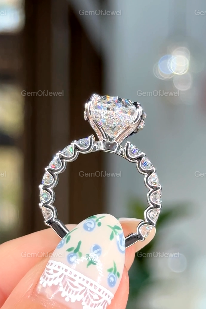 Oval Diamond Moissanite Vintage Ring With Oval Cut Pave Eternity Moissanite Diamond And Hidden Halo Ring, Oval Moissanite Vintage Halo Ring