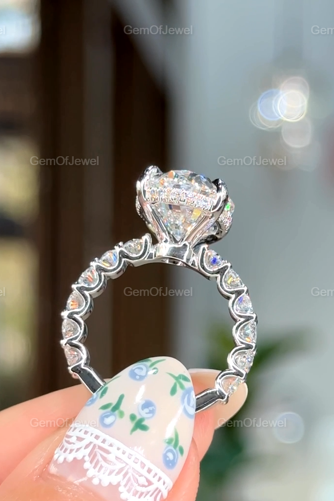 Oval Diamond Moissanite Vintage Ring With Oval Cut Pave Eternity Moissanite Diamond And Hidden Halo Ring, Oval Moissanite Vintage Halo Ring