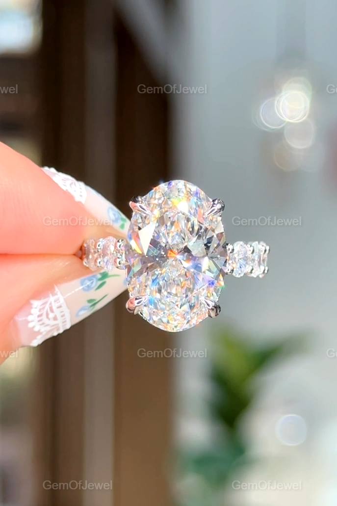 Oval Diamond Moissanite Vintage Ring With Oval Cut Pave Eternity Moissanite Diamond And Hidden Halo Ring, Oval Moissanite Vintage Halo Ring