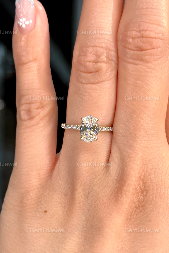 1CT Moissanite Diamond Engagement Ring, Oval Cut With Side Stones And Hidden Halo Diamond Ring, Oval Moissanite Diamond Anniversary Ring