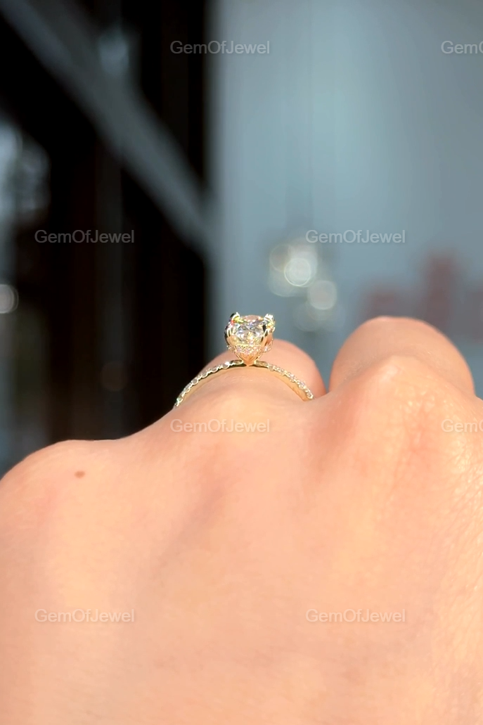 1CT Moissanite Diamond Engagement Ring, Oval Cut With Side Stones And Hidden Halo Diamond Ring, Oval Moissanite Diamond Anniversary Ring