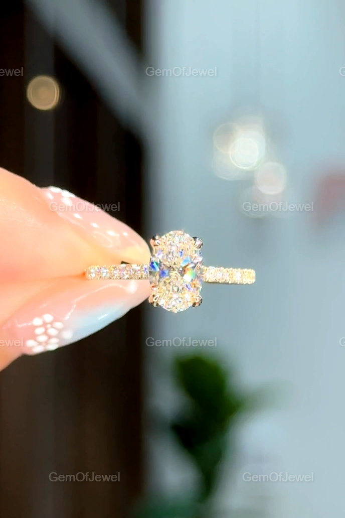 1CT Moissanite Diamond Engagement Ring, Oval Cut With Side Stones And Hidden Halo Diamond Ring, Oval Moissanite Diamond Anniversary Ring